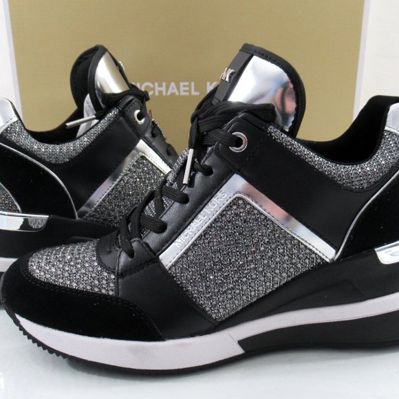 Michael Kors Georgie Trainer Wedge Sneakers Laces MK Logo Black / Grey - Picture 2 of 8